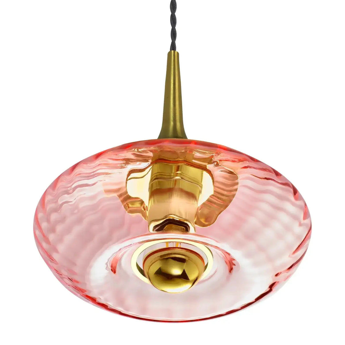 Suspension disque en verre soufflé, collerette dorée, 20 ou 28 cm, rose