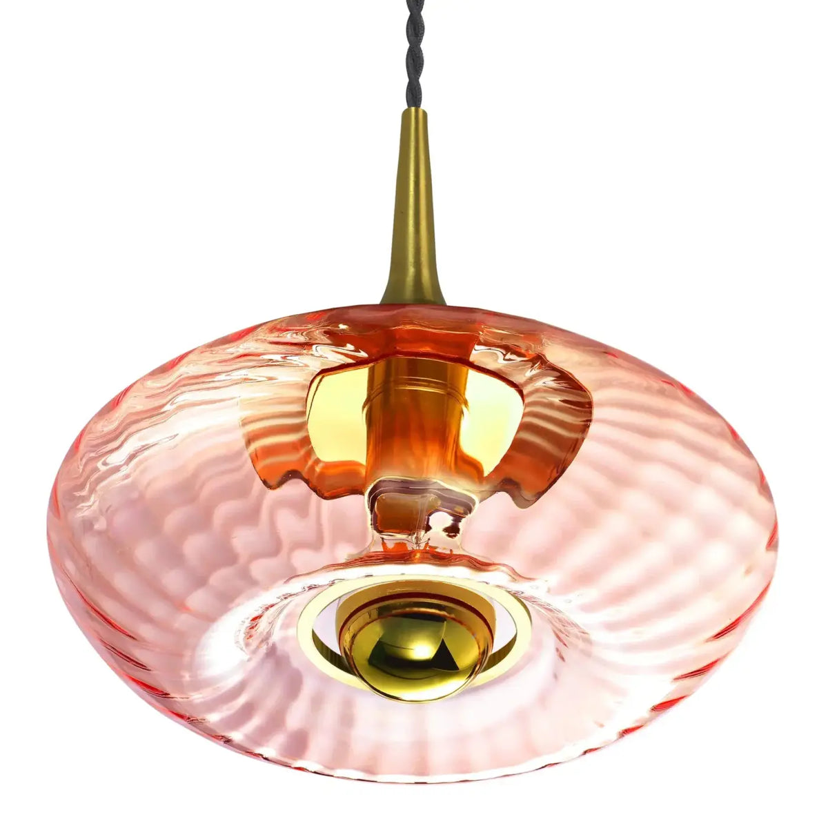 Suspension disque en verre soufflé, collerette dorée, 20 ou 28 cm, rose