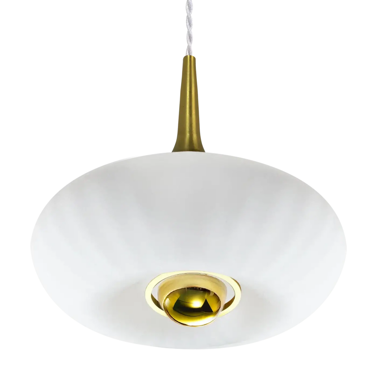 Suspension disque en verre soufflé, collerette dorée, 20 ou 28 cm, blanc