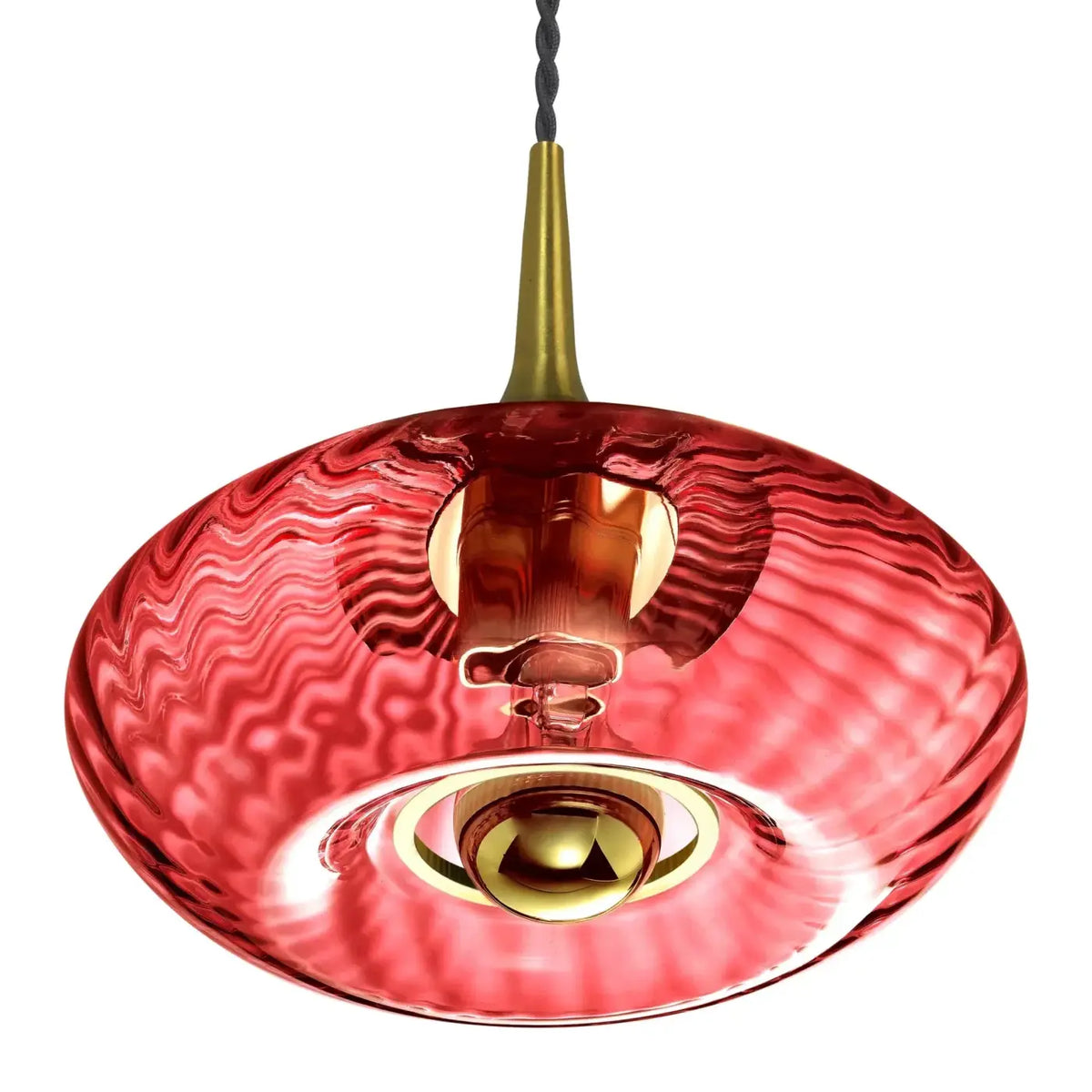 Suspension disque en verre soufflé, collerette dorée, 20 ou 28 cm, rouge