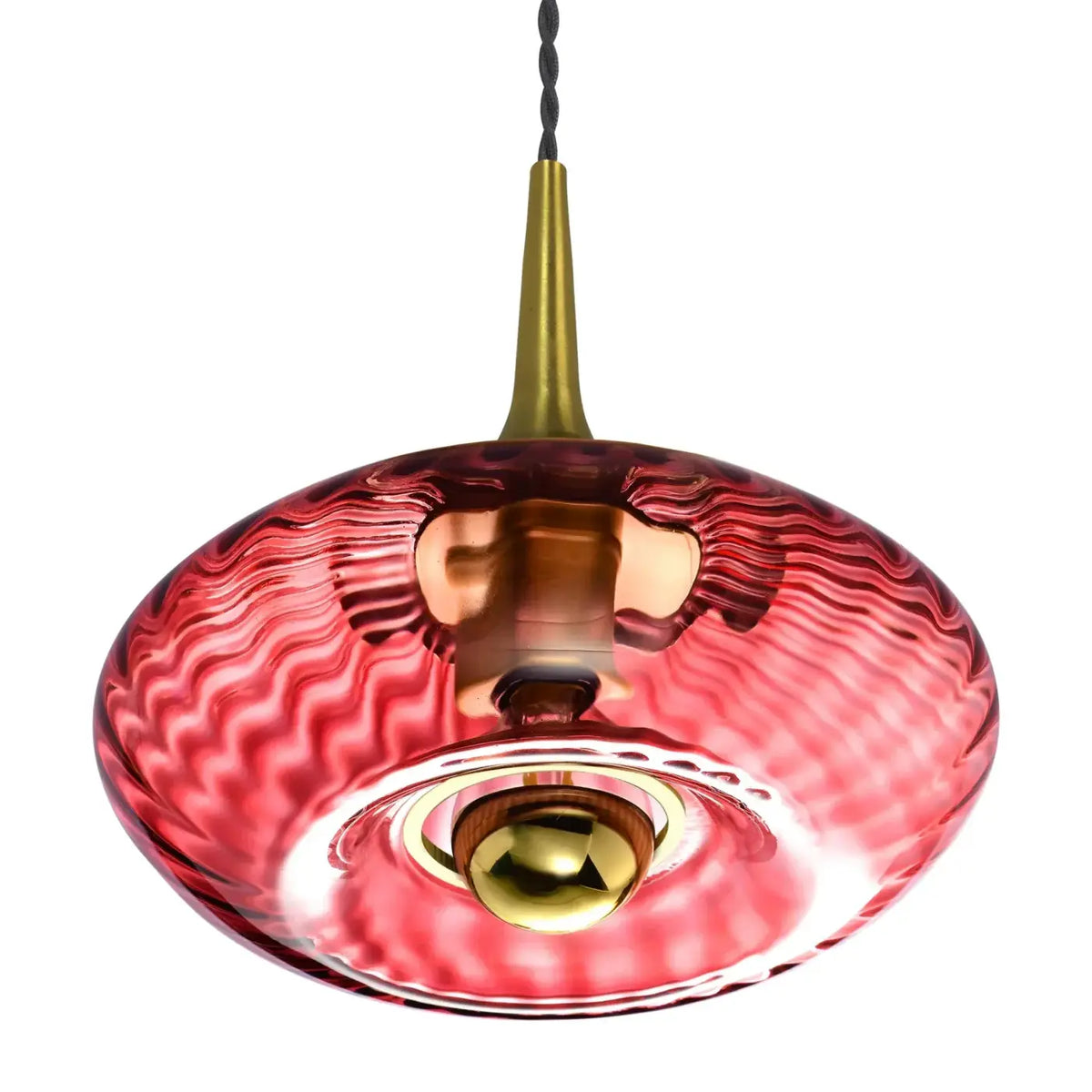 Suspension disque en verre soufflé, collerette dorée, 20 ou 28 cm, rouge