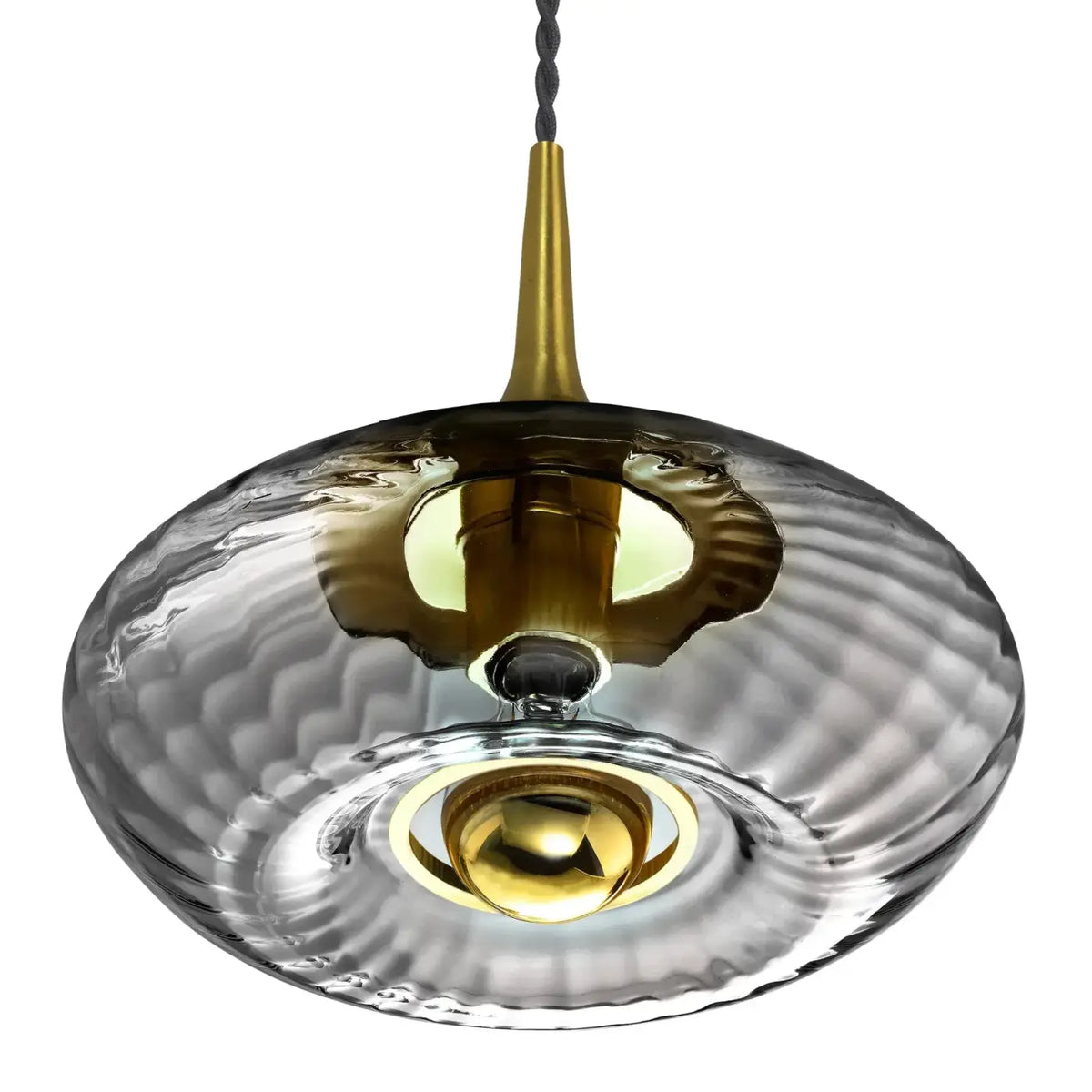 Suspension disque en verre soufflé, collerette dorée, 20 ou 28 cm, gris