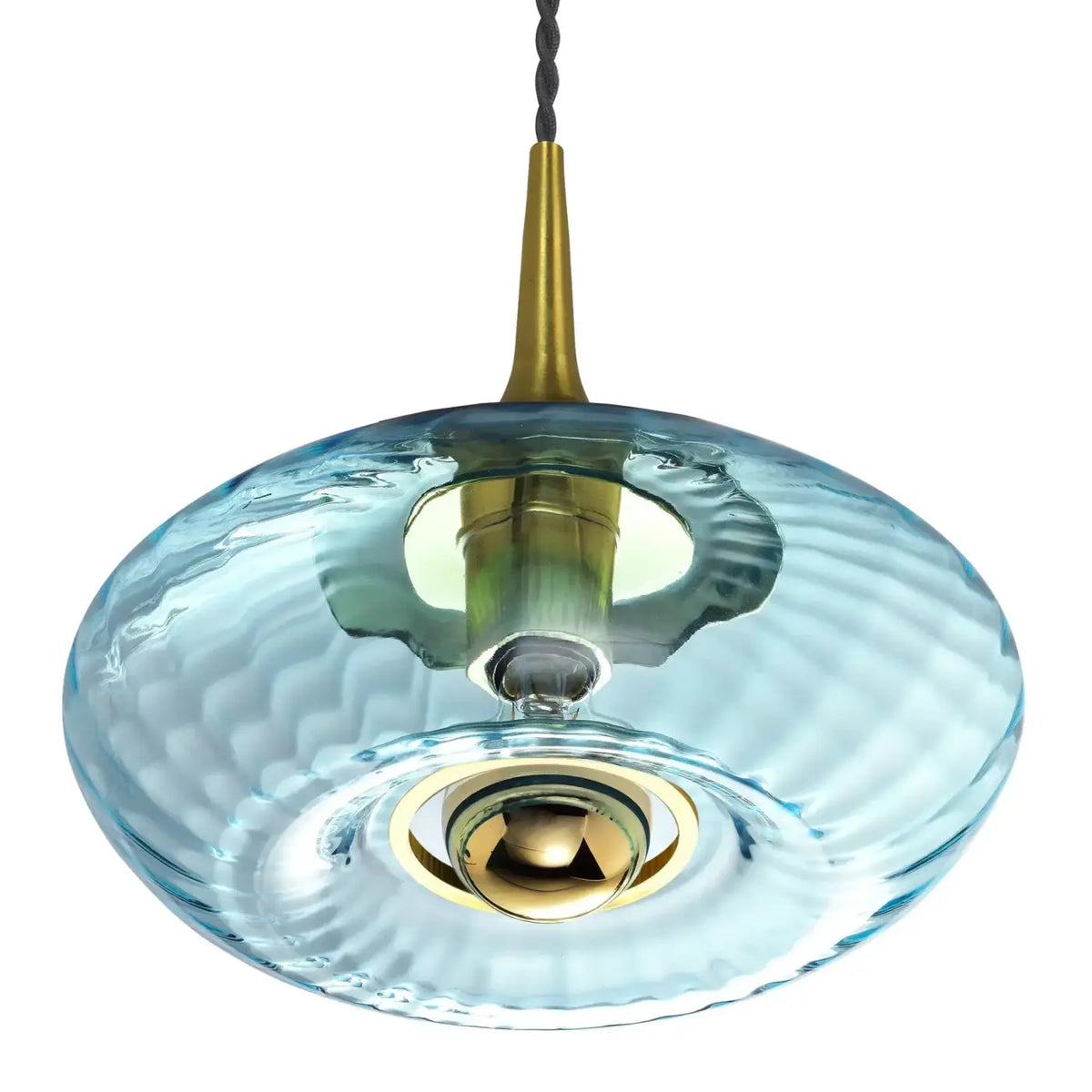 Suspension disque en verre soufflé, collerette dorée, 20 ou 28 cm, bleu