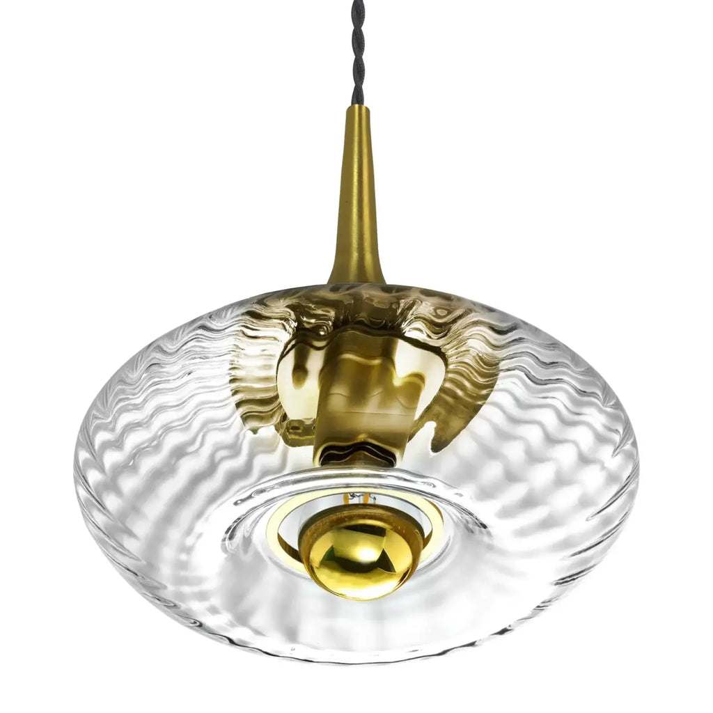 Suspension disque en verre soufflé, collerette dorée, 20 ou 28 cm, transparent