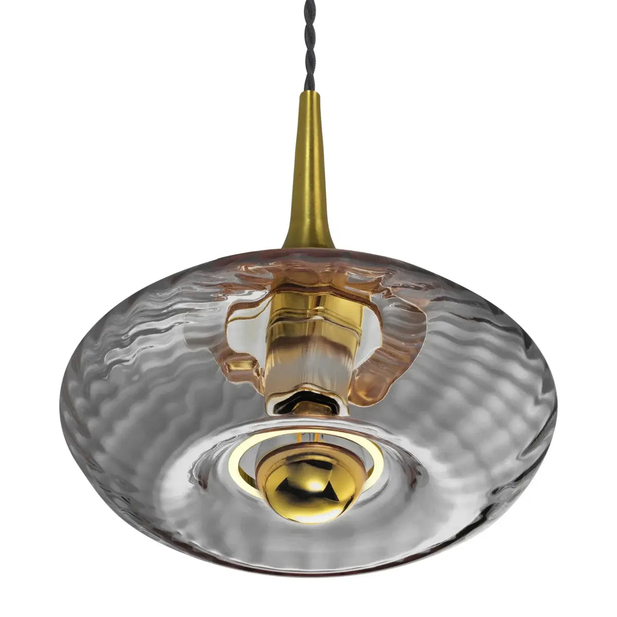 Suspension disque en verre soufflé, collerette dorée, 20 ou 28 cm, gris