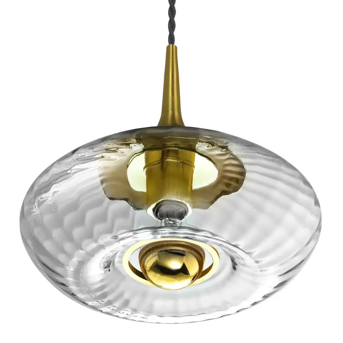 Suspension disque en verre soufflé, collerette dorée, 20 ou 28 cm, transparent