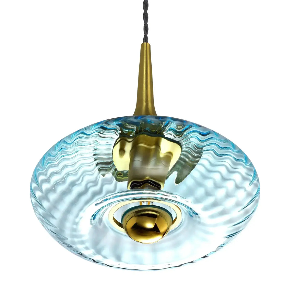 Suspension disque en verre soufflé, collerette dorée, 20 ou 28 cm, bleu