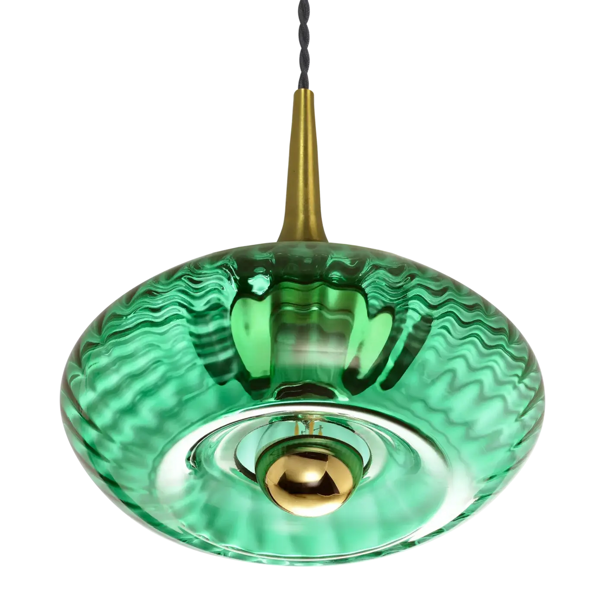 Suspension disque en verre soufflé, collerette dorée, 20 ou 28 cm, vert