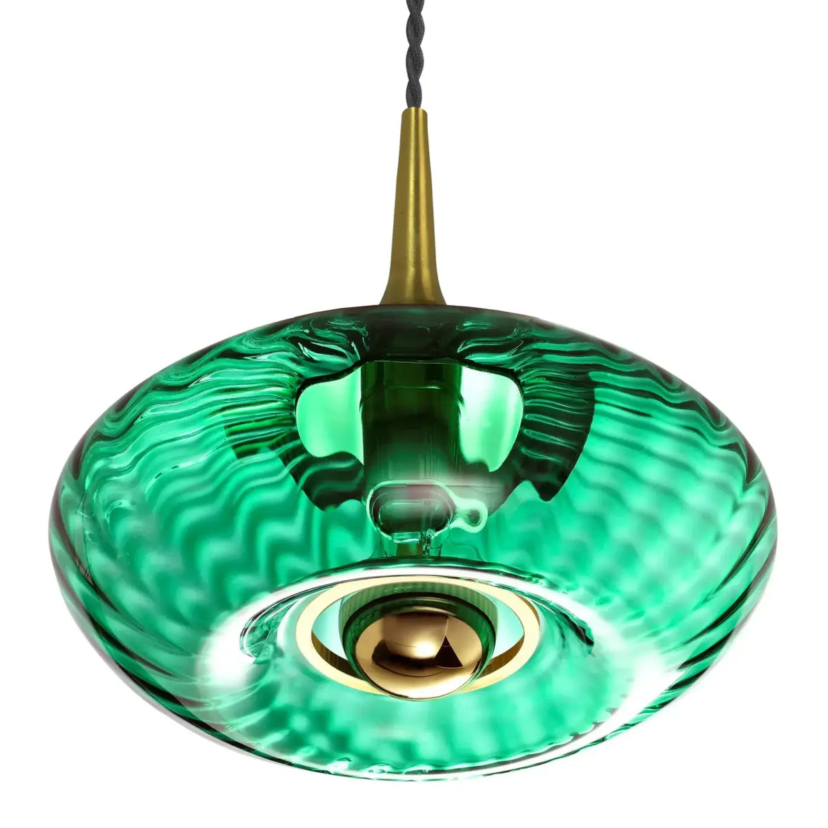 Suspension disque en verre soufflé, collerette dorée, 20 ou 28 cm, vert