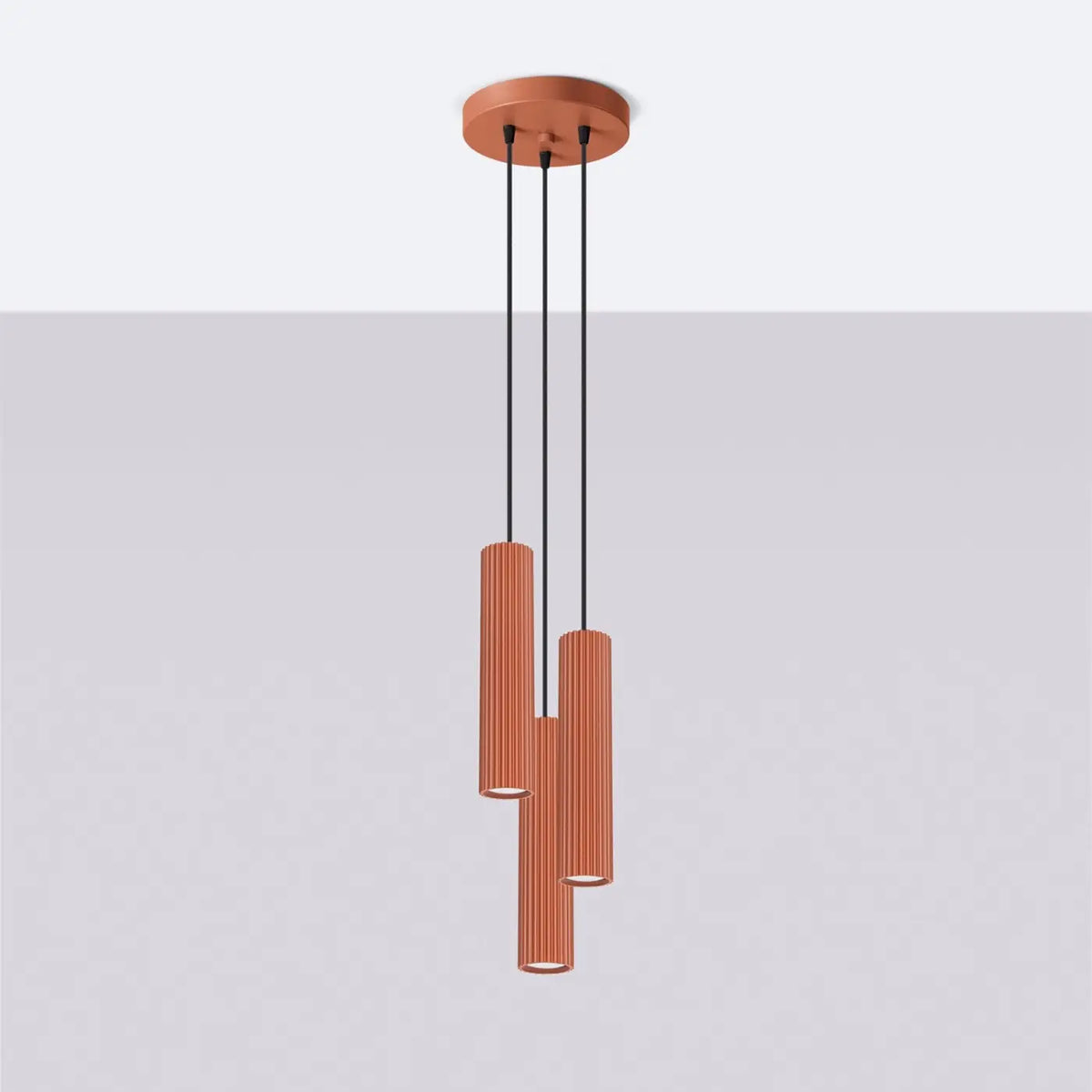 Suspension grappe à trois cylindres en aluminium nervuré, GU10, rouge ocre