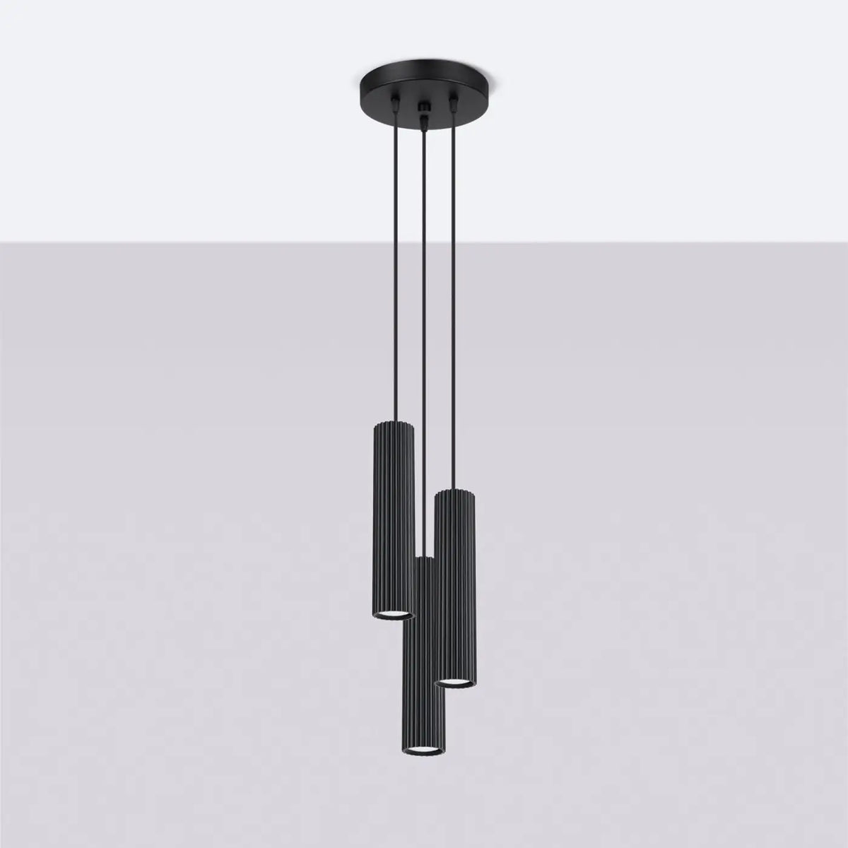 Suspension grappe à trois cylindres en aluminium nervuré, GU10, noir