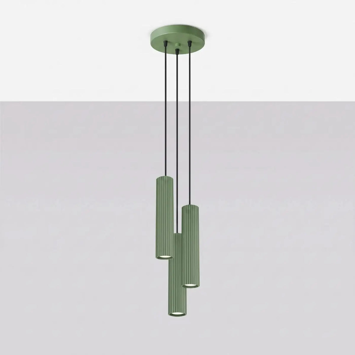 Suspension grappe à trois cylindres en aluminium nervuré, GU10, sauge