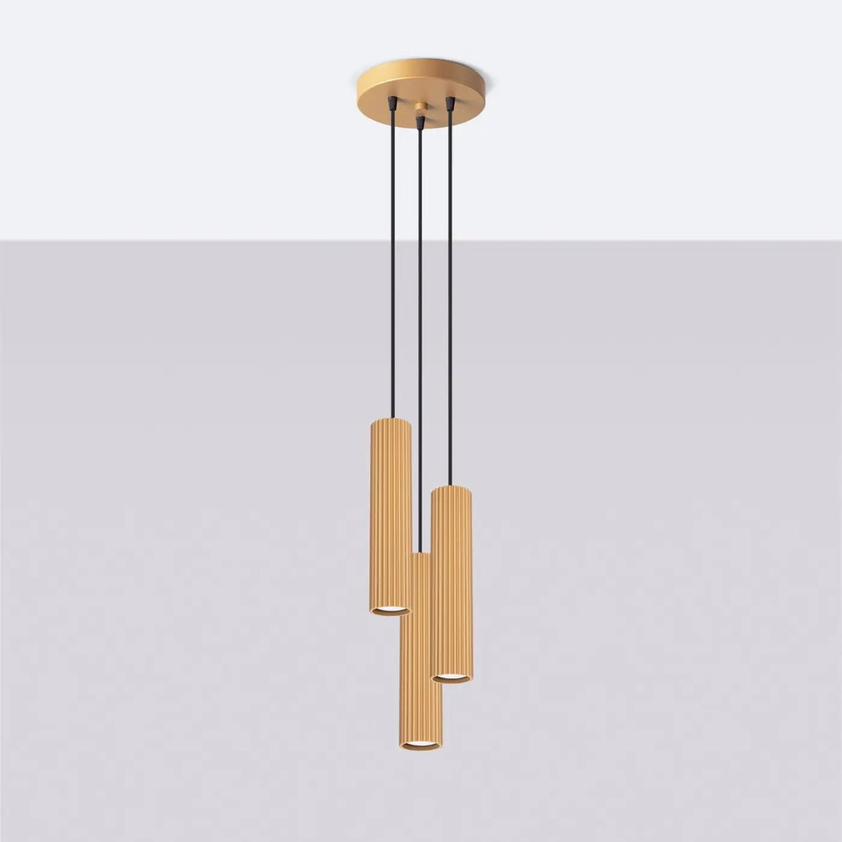 Suspension grappe à trois cylindres en aluminium nervuré, GU10, doré