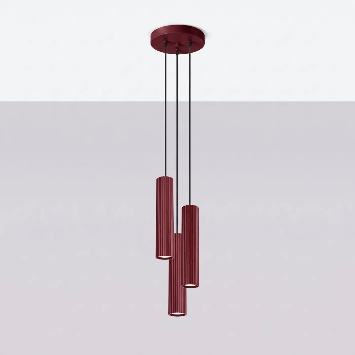 Suspension grappe à trois cylindres en aluminium nervuré, GU10, bordeaux