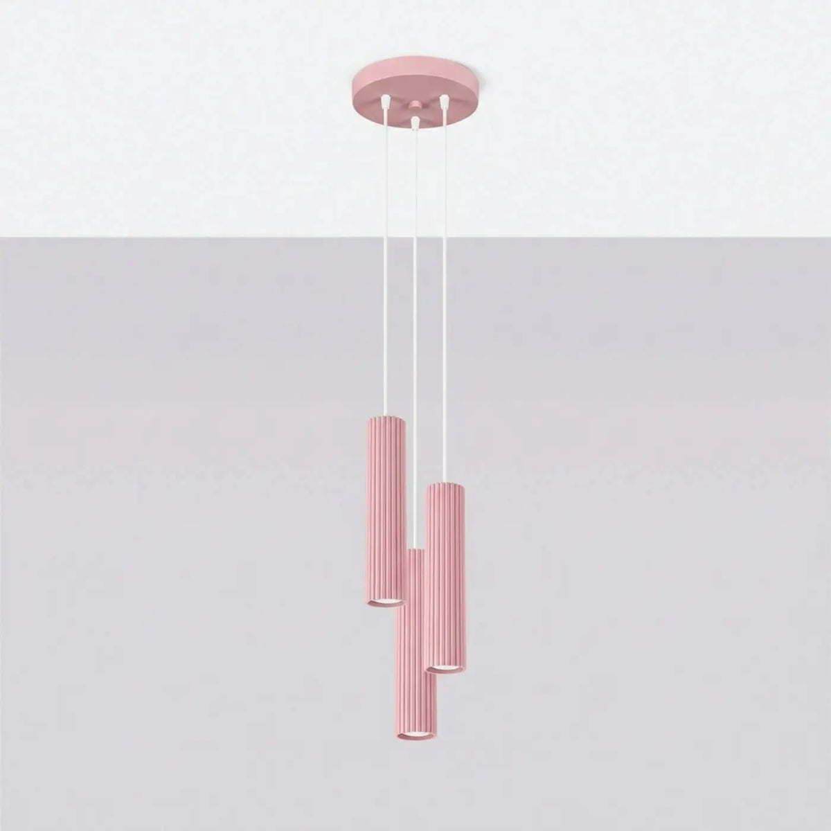 Suspension grappe à trois cylindres en aluminium nervuré, GU10, rose