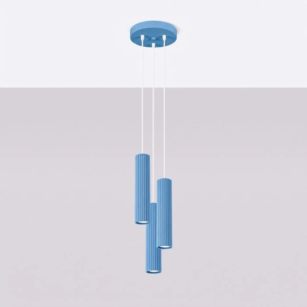 Suspension grappe à trois cylindres en aluminium nervuré, GU10, bleu azur