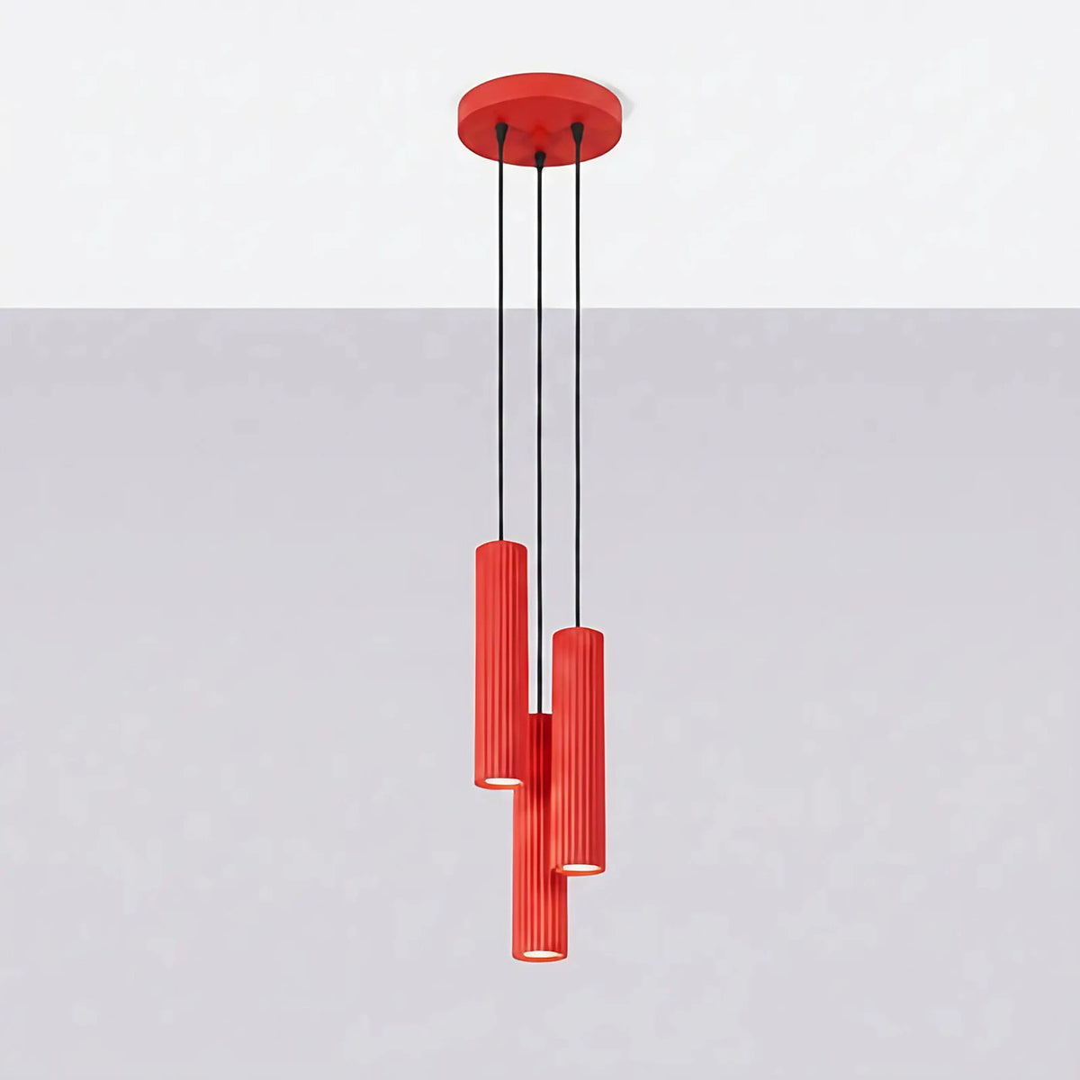 Suspension grappe à trois cylindres en aluminium nervuré, GU10, rouge