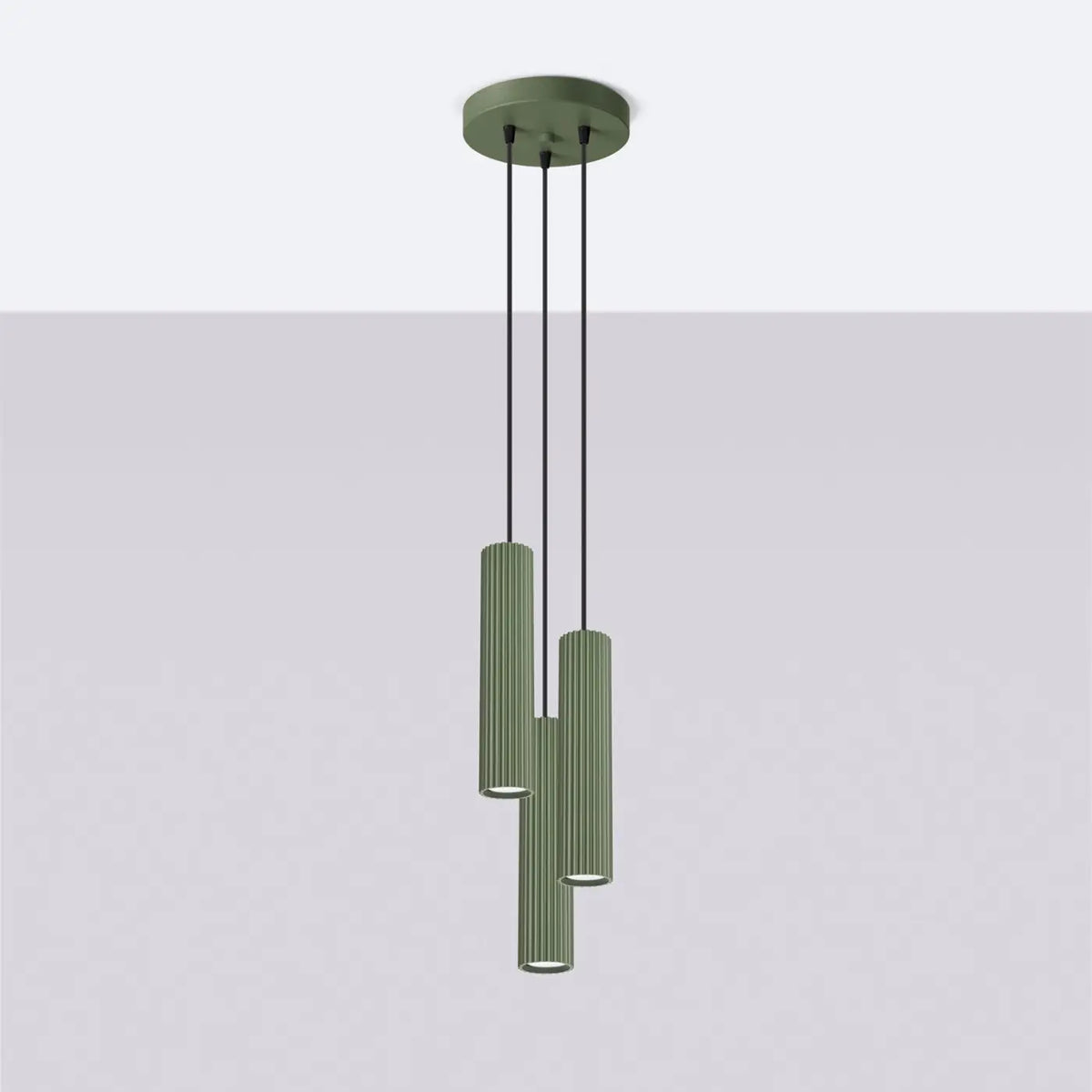 Suspension grappe à trois cylindres en aluminium nervuré, GU10, vert olive