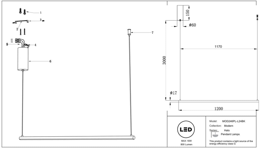 Suspension barre LED très fine en acier, 80 ou 120 cm