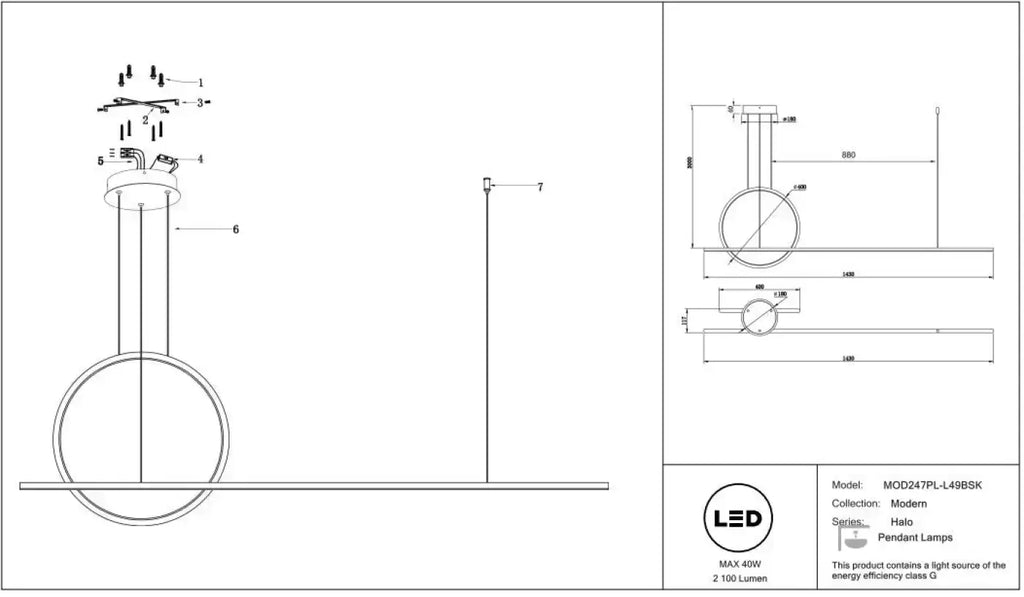 Suspension LED grand arc lumineux de 140 cm, acier doré ou noir