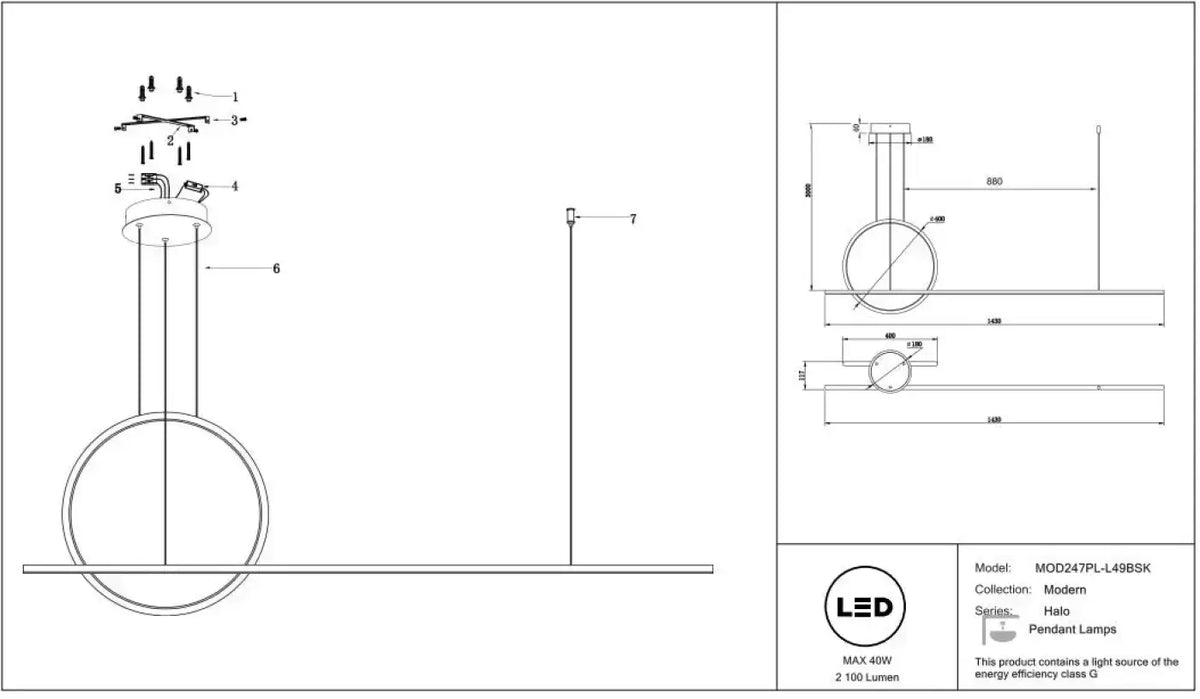Suspension LED grand arc lumineux de 140 cm, acier doré ou noir
