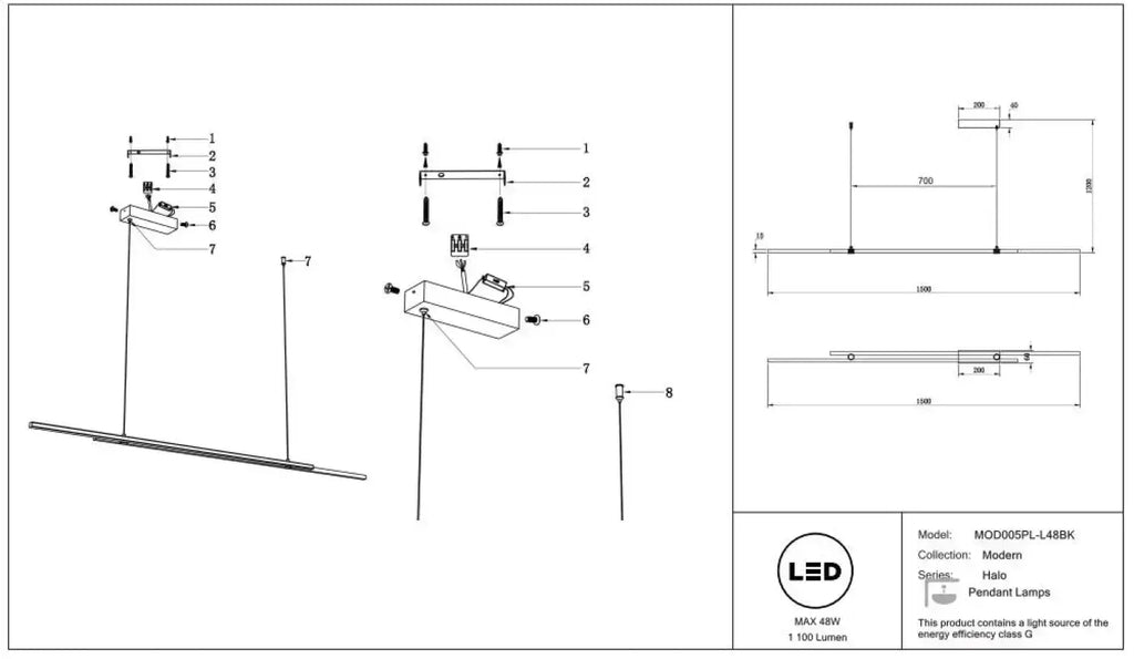 Suspension LED linéaire de 150 cm à lumière latérale, acier