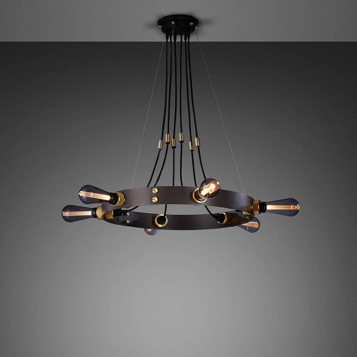Lustre anneau en acier à six douilles moletées, câbles 300 cm