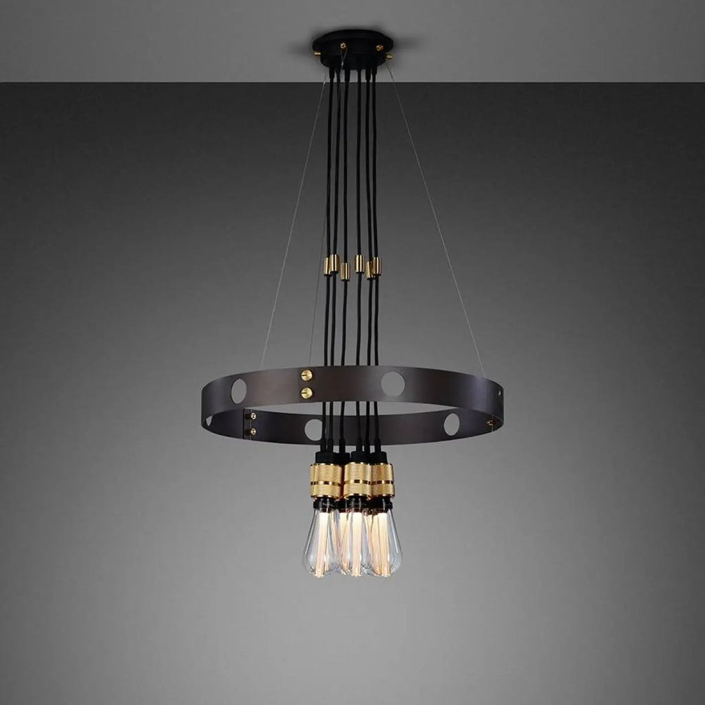 Lustre anneau en acier à six douilles moletées, câbles 300 cm, doré