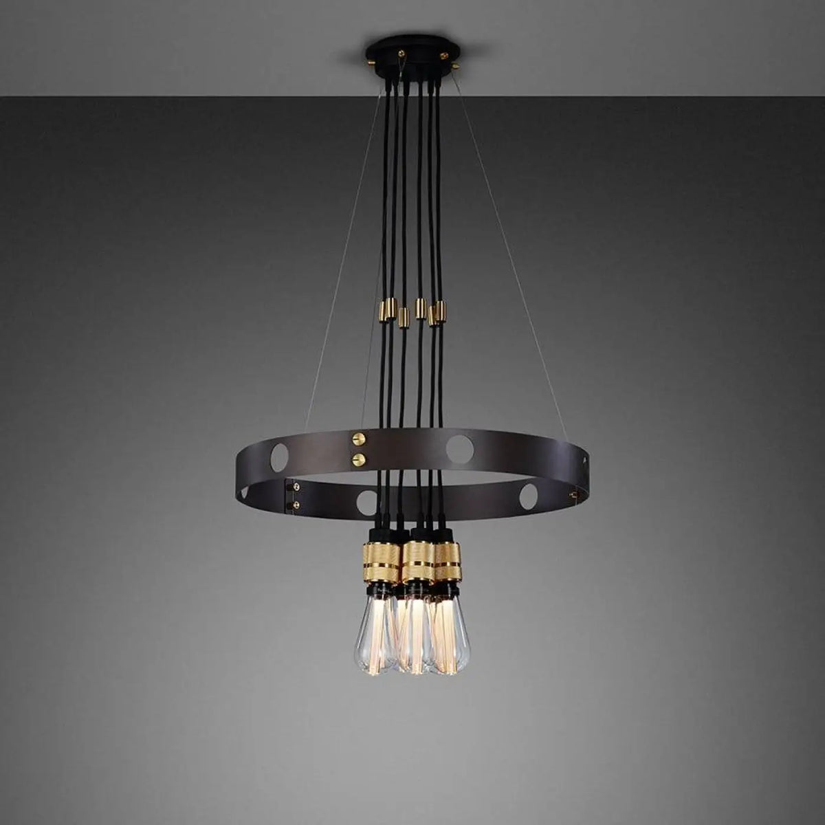 Lustre anneau en acier à six douilles moletées, câbles 300 cm, doré