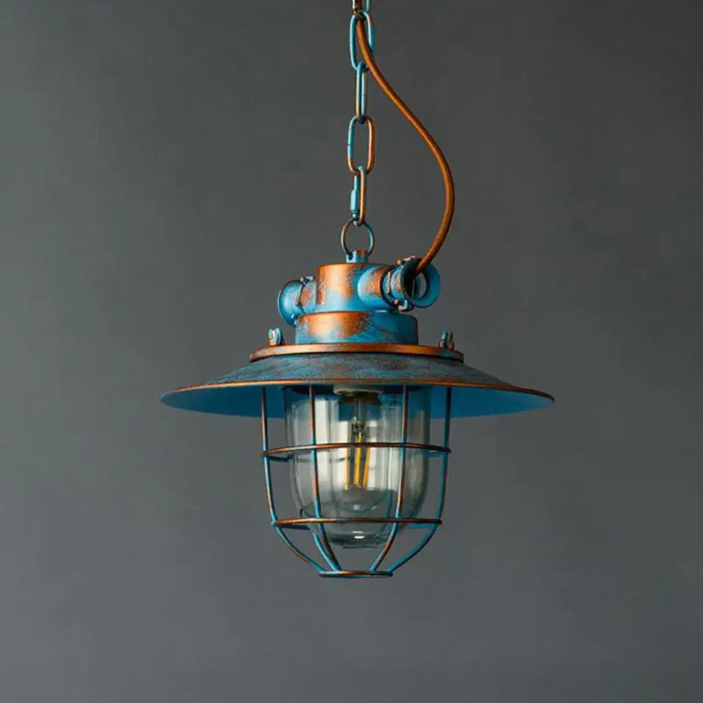 Suspension cage industrielle en métal bleu vieilli, style rétro