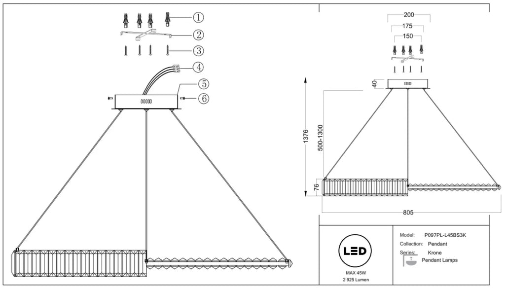 Suspension LED couronne dorée à éléments effet cristal