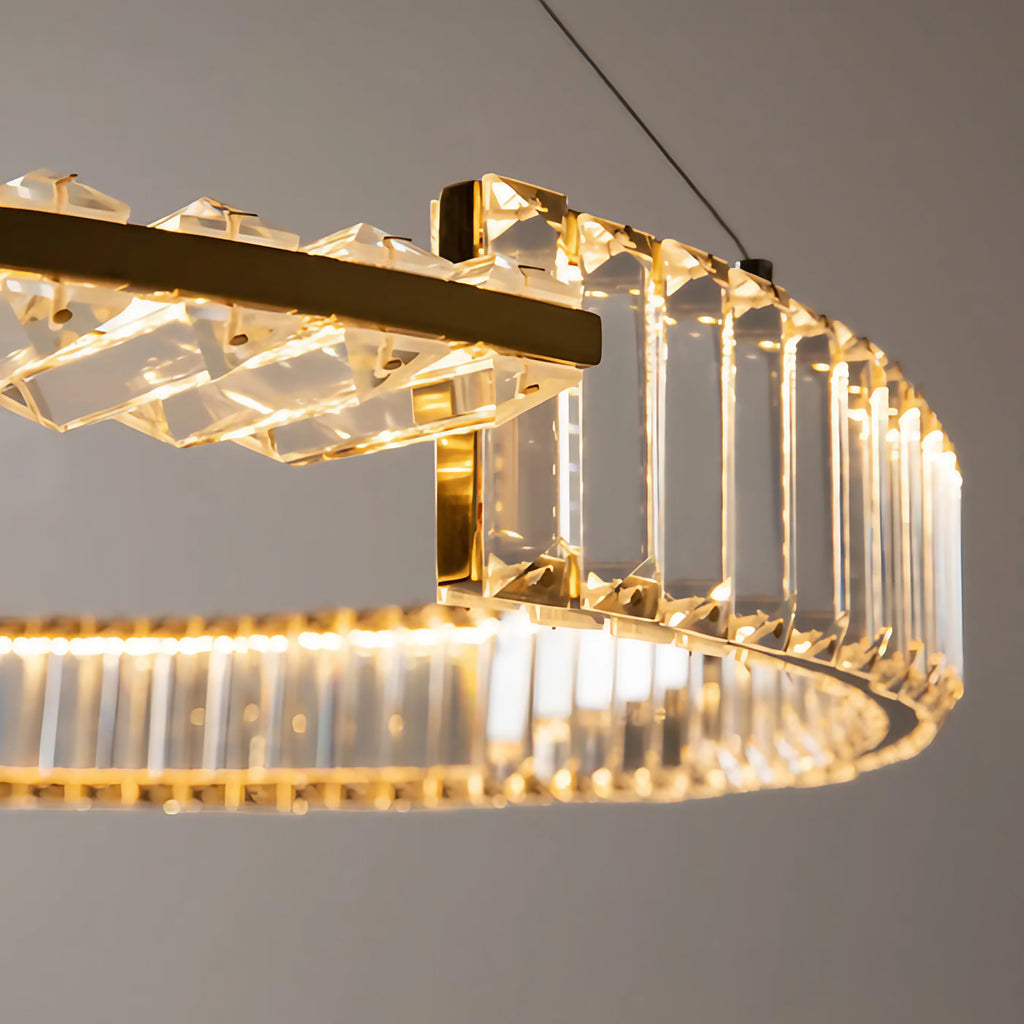 Suspension LED couronne dorée à éléments effet cristal