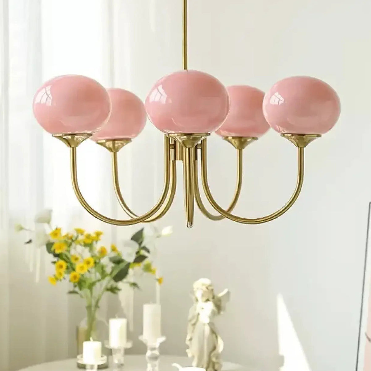 Suspension laiton à globes de verre teinté, 3 ou 5 lampes, orange