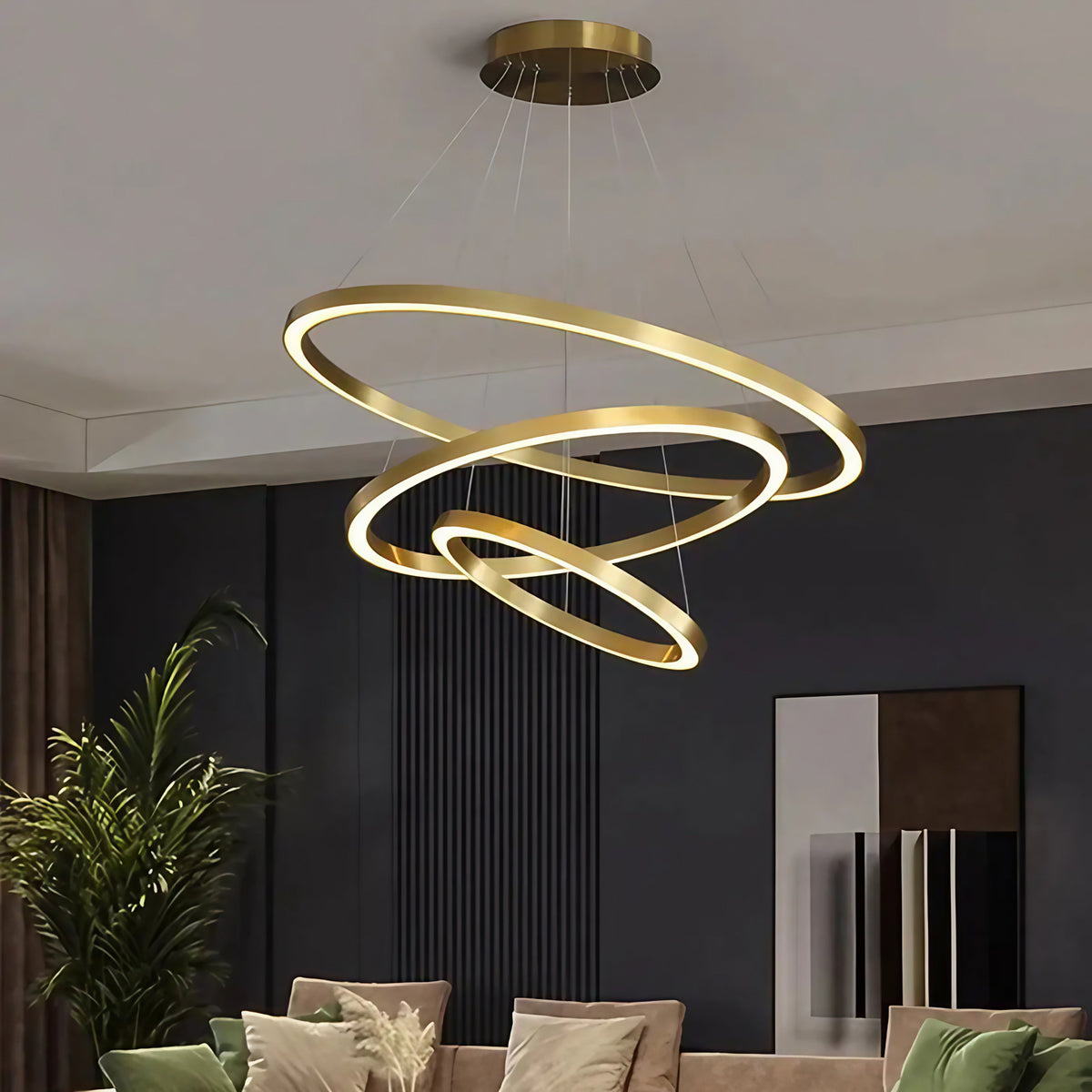 Suspension LED dorée à anneaux, tailles S à XL