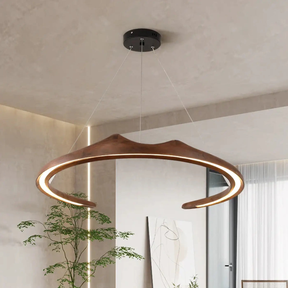 Suspension LED en bois aux formes sculpturales, marron ou beige