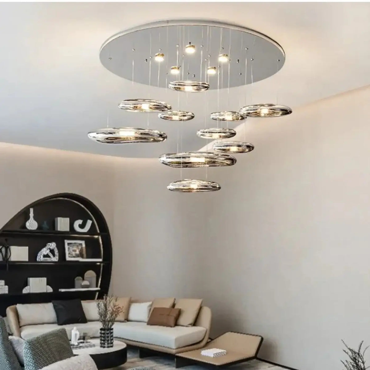 Suspension LED en forme de galets argentés, trois tailles