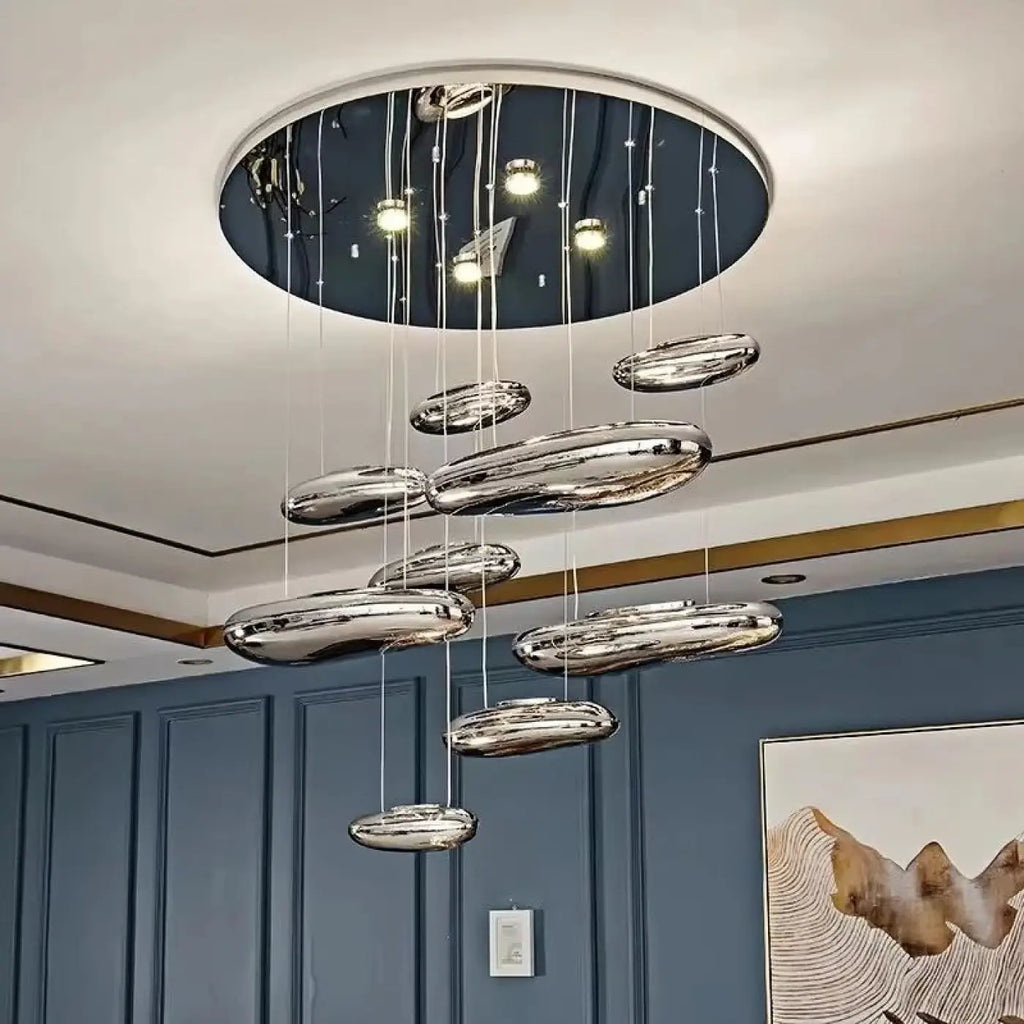 Suspension LED en forme de galets argentés, trois tailles