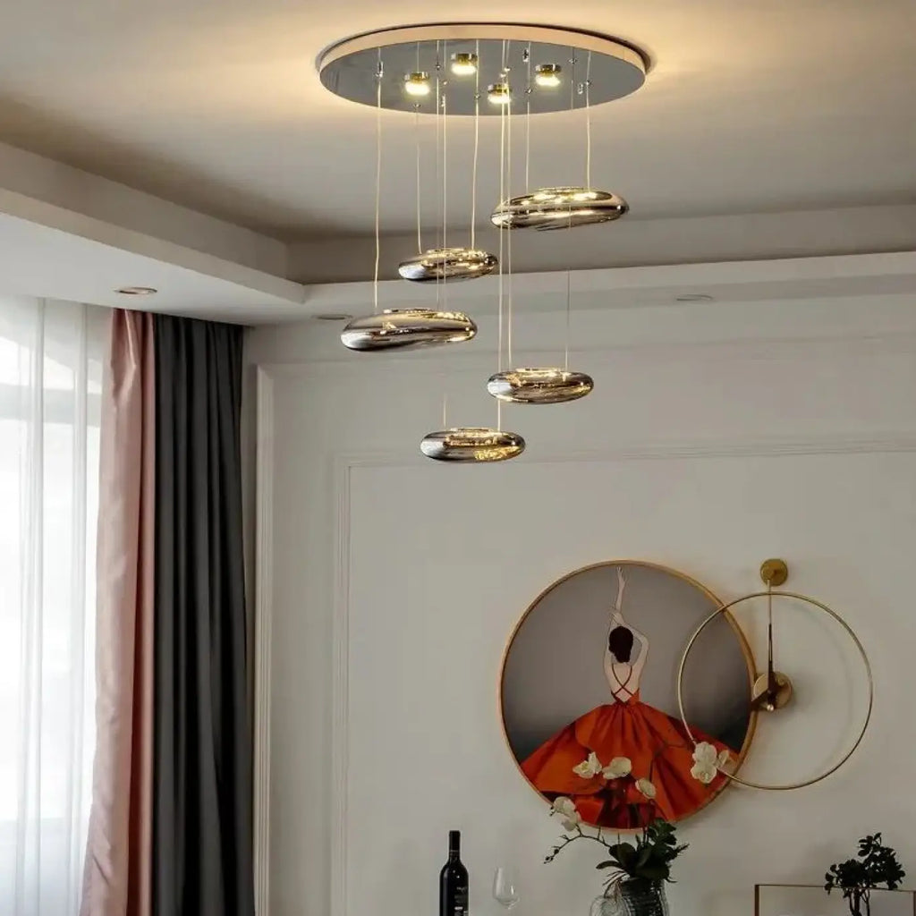 Suspension LED en forme de galets argentés, trois tailles
