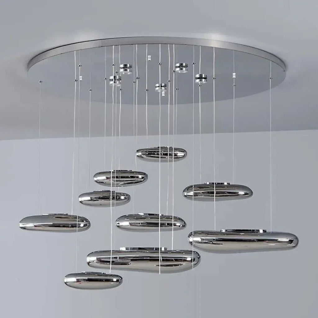 Suspension LED en forme de galets argentés, trois tailles