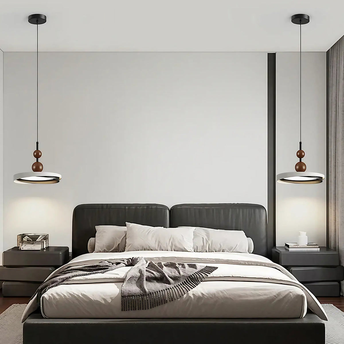 Suspension LED anneau rond noir et bois, tailles S, M et L