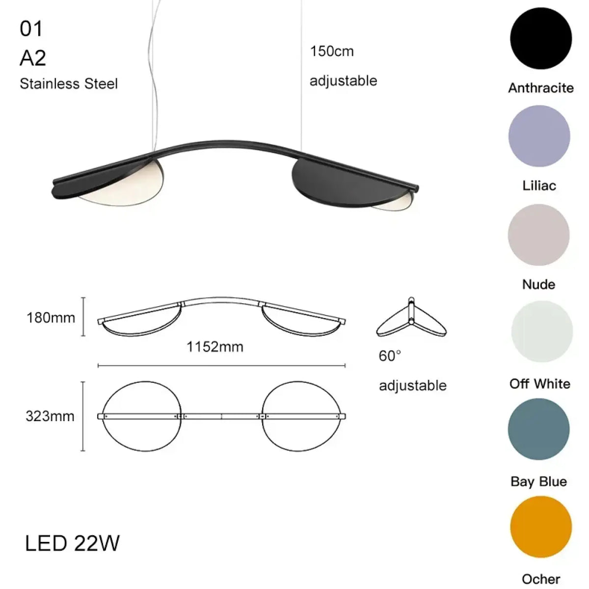 Suspension LED sculpturale et minimaliste, six coloris, noir