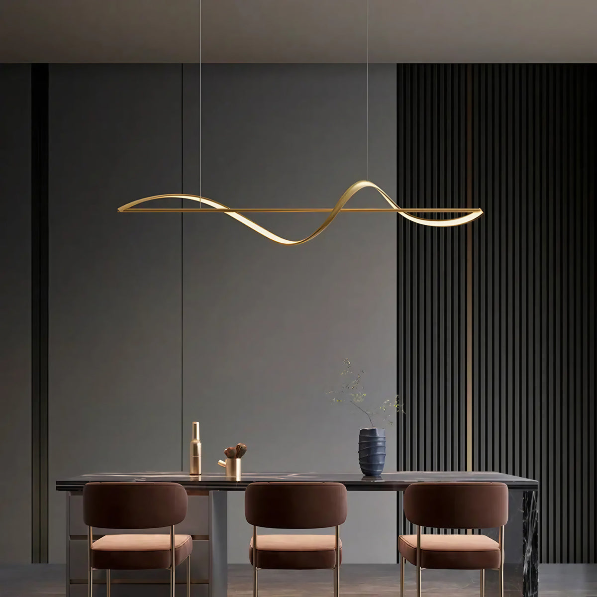 Suspension LED ondulée minimaliste, noir ou doré, tailles S à L, doré