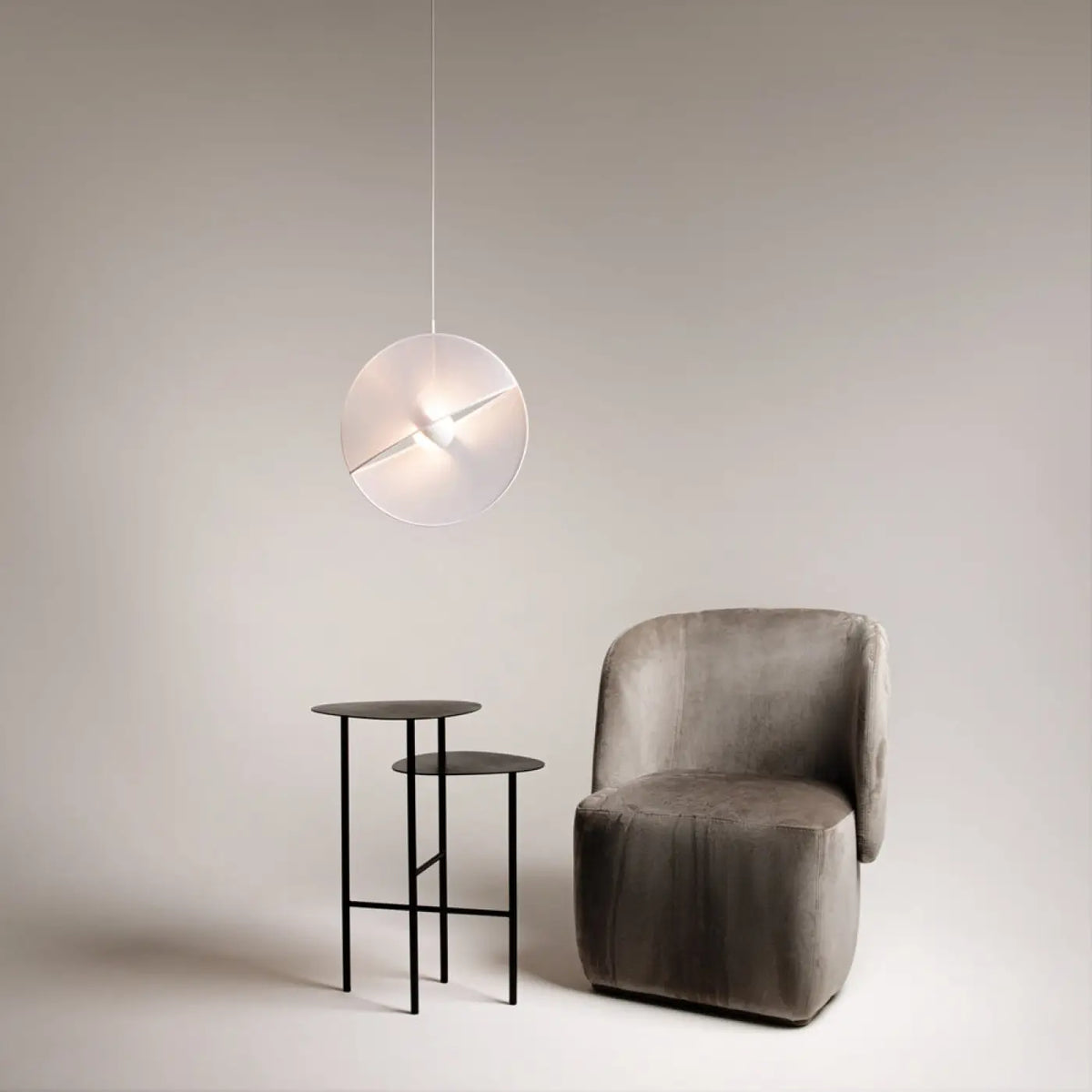 Suspension LED blanche à disque textile translucide, 45 cm