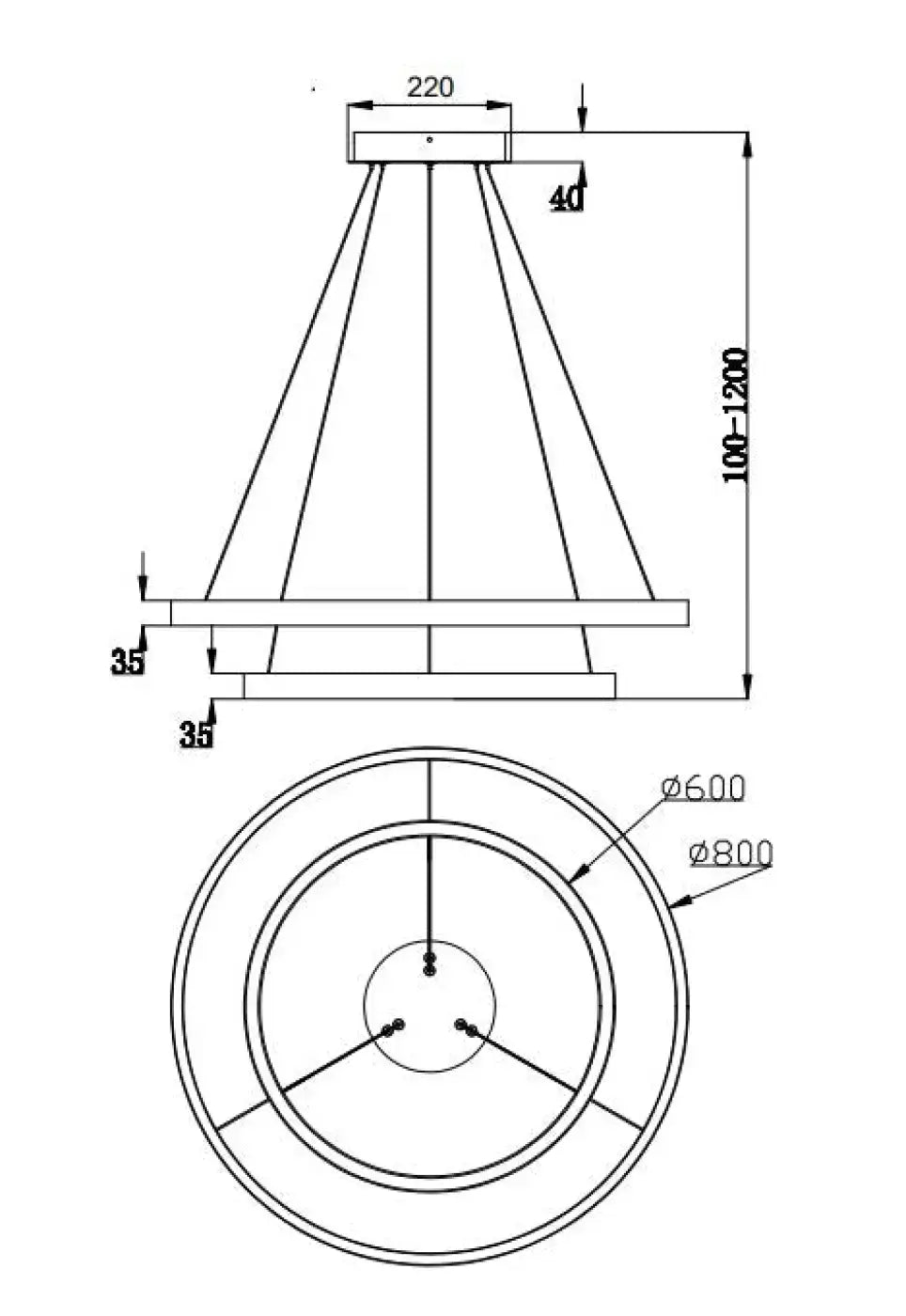 Suspension LED à deux anneaux de 80 cm, noir ou doré