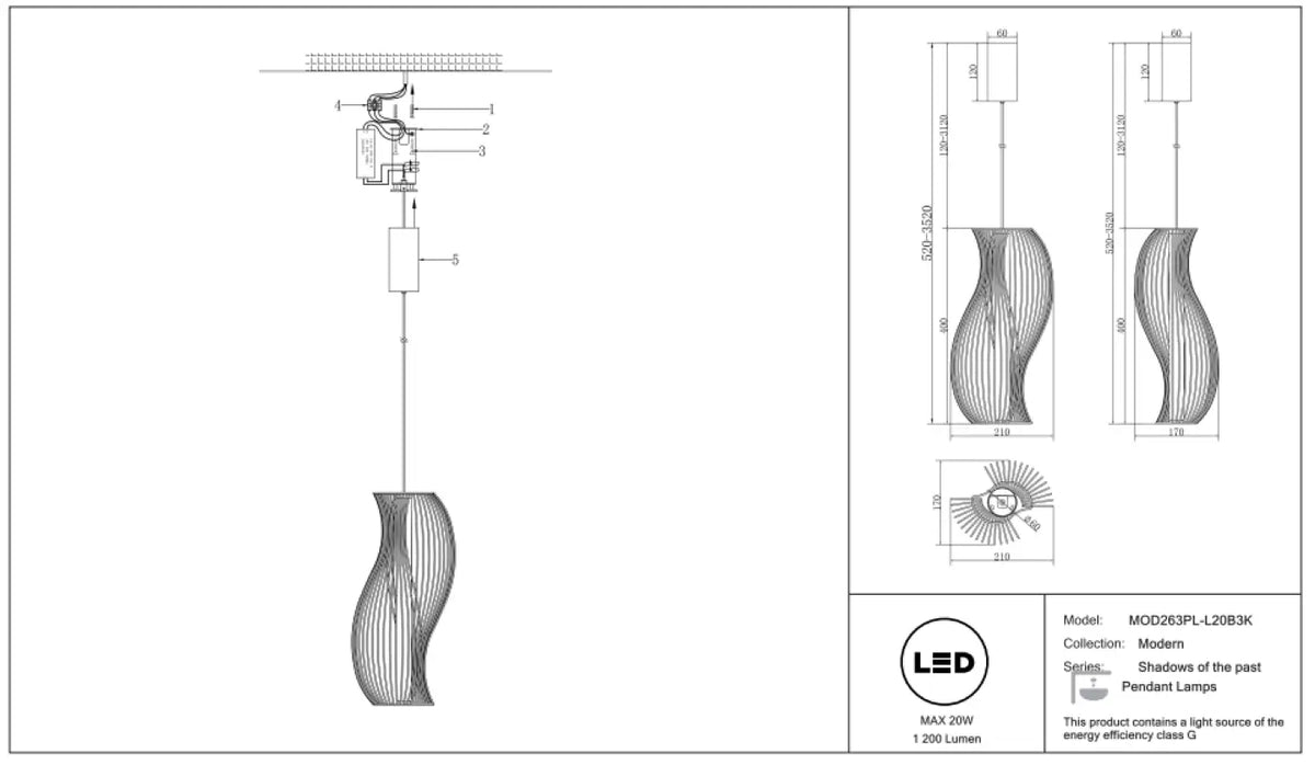 Suspension LED à cadre ajouré qui projette des ombres, noir ou doré