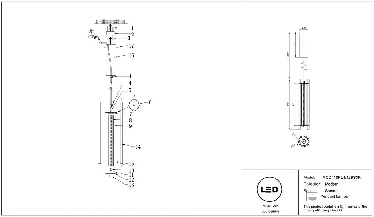 Suspension LED cylindre en verre et acier doré, 13 cm