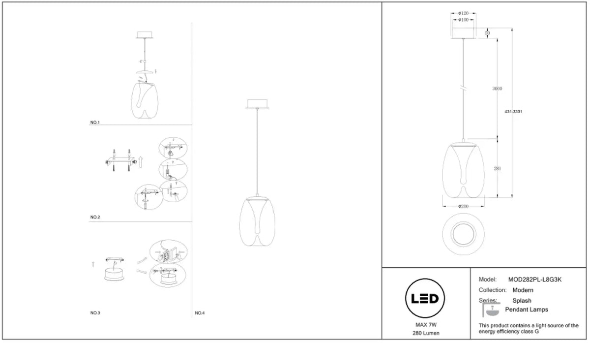 Suspension LED globe en verre fumé ou transparent, 20 cm