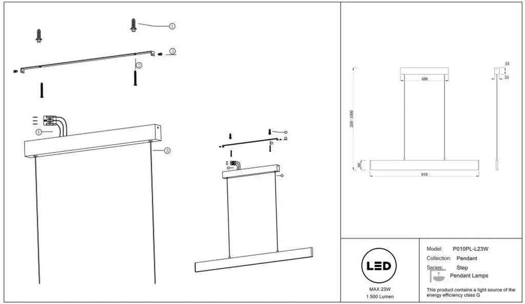 Suspension LED linéaire, 90 cm blanche ou 120 cm dorée