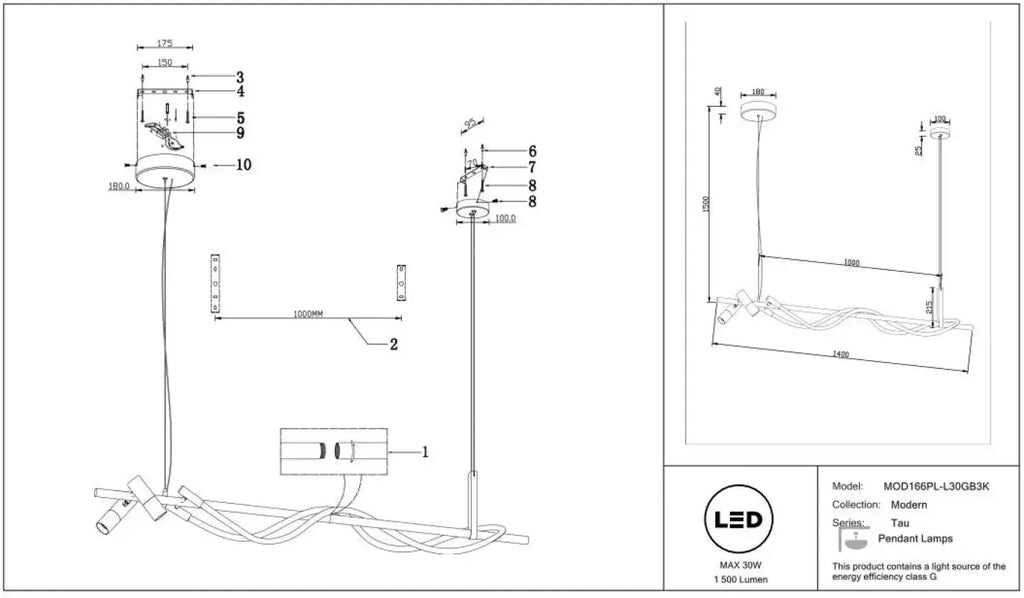 Suspension LED en ruban noué, acier noir et verre, 140 cm