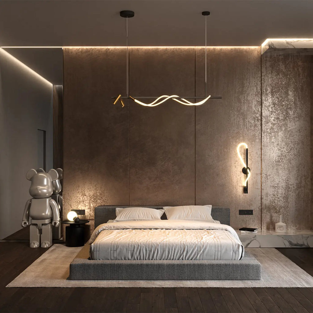 Suspension LED en ruban noué, acier noir et verre, 140 cm